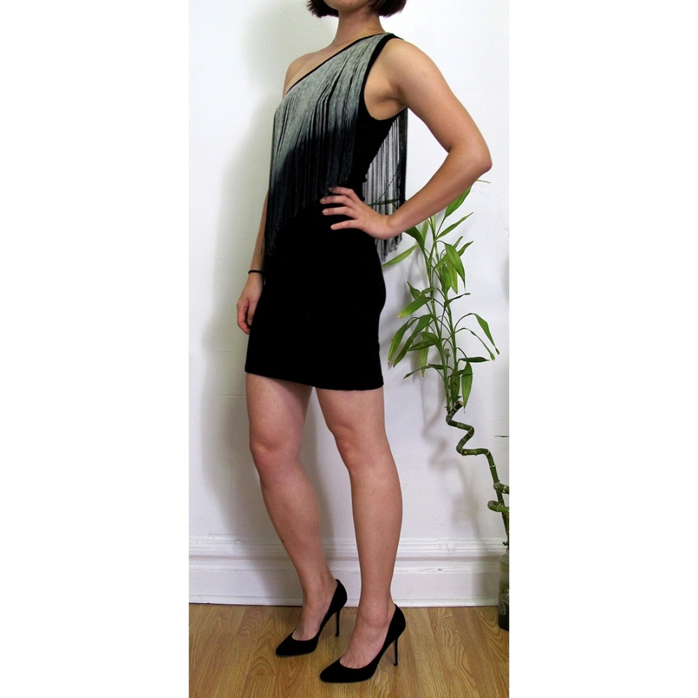 Zara Black One-Shoulder Silver Tassels Mini Dress